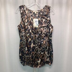 Brina & Em Womens L Leopard Print Ruffle Bubble Hem Sleeveless Blouse Tannin NWT